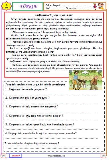 3. Sınıf Türkçe Okuma ve Anlama Etkinliği ( Değirmenci , Oğlu ve Eşek )